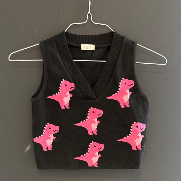 Black Crop Top with Pink Dinosaur Pattern - Picture 1 of 2